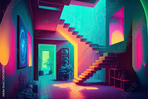 A dreamlike interior scene, with bright fluorescent lights, geometric shapes, and vibrant colors