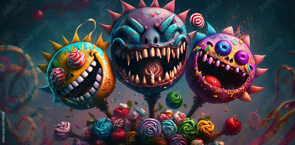 a group of candy demon inmates of the asylum of candyland demons, colorfull, smiles, fun