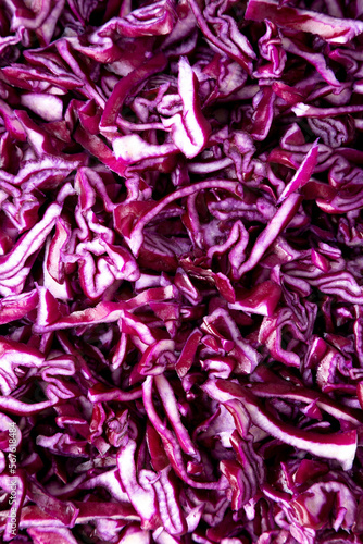 Shredded Purple Cabbage Background, top view.