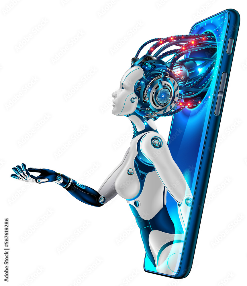 Artificial intelligence provide access to information and data in online networks via smartphone. AI in the form of woman cyborg or bot coming out of the screen phone and offers to use digital mind - obrazy, fototapety, plakaty 