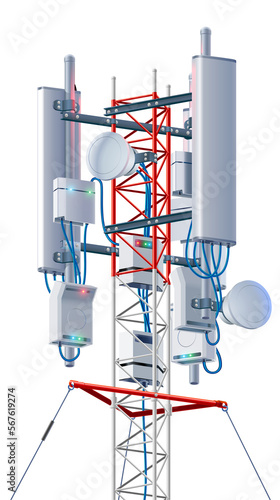 Antenna 5G for wireless network. Telecommunication cellular station. Broadcasting tower. Isolated  cut out object. 5G communication tower. LTE aerial. Mast of station of the broadcasting cellular.