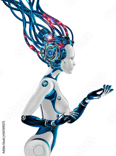 AI or artificial ingredient in image robot woman holds an object in the palm of his hand. Cut out Mock up PNG. Beautiful Woman cyborg with artificial mind. Computer Neural network concept.