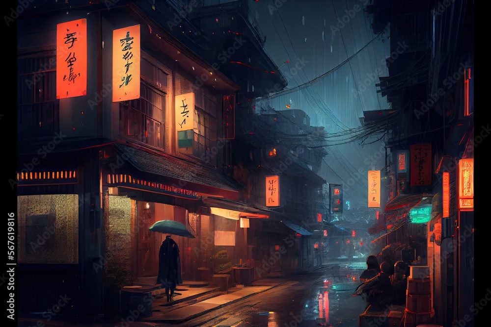 Fototapeta premium Cyberpunk futuristic Tokyo city at might with Japanese neon signs