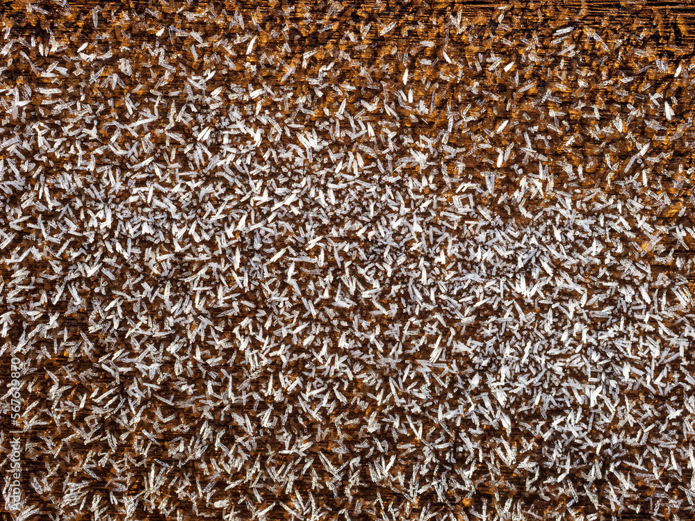Obraz premium Frost crystals on a brown color surface. Winter cold season concept. Freezing weather. Selective focus. Nature background.