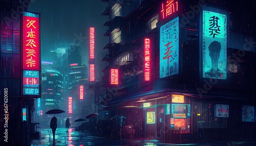 Cyberpunk futuristic Tokyo city at might with Japanese neon signs