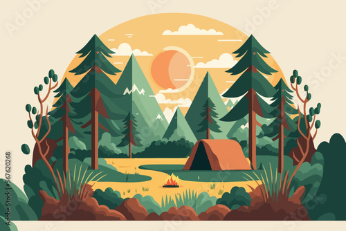 Print op canvas Camping in the forest. Vector illustration in flat design style.