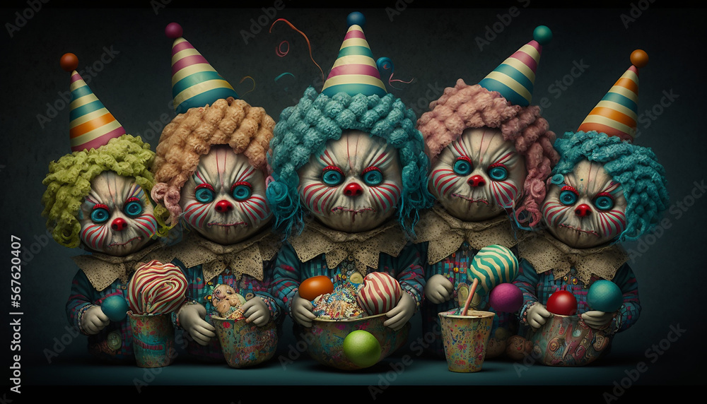 a group of candy demon inmates of the asylum of candyland demons, colorfull, smiles, fun