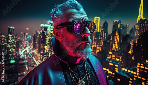 A fictional person. Cyberpunk priest at rooftop. Cyberpunk background. Generative AI