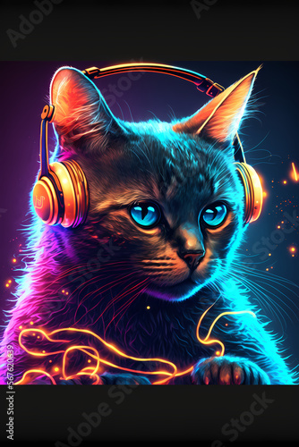 Neon fluorescent cat dj. AI generation