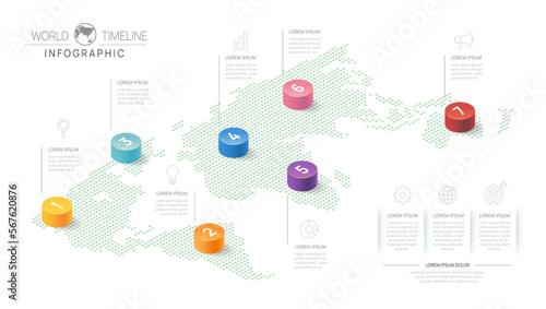 Infographic Timeline diagram template for business. 7 Steps Modern roadmap with world map, for vector infographics, flow charts, presentations.