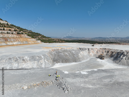 Large limestone quarry,crushed stone in the foreground, top view, mining site.