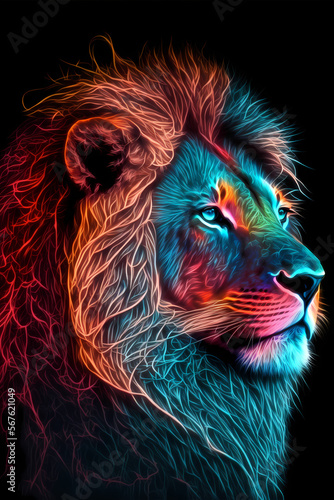 Neon fluorescent lion. AI generation