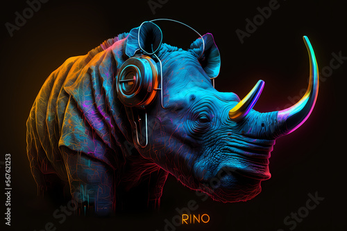 Canvas Print Neon fluorescent rhino dj. AI generation