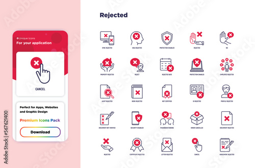 Rejected thin line icons set: sync, idea, agreement, calendar date, employee, audit, document not certified, profile, order cancelled, misunderstanding. Modern vector illustration.