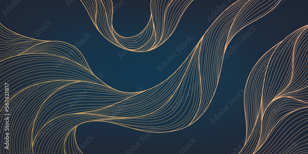Vector abstract luxury golden wallpaper, wavy line art background. Line design for interior design, textile patterns, textures, posters, package, wrappers, gifts etc. Japanese style. - obrazy, fototapety, plakaty 