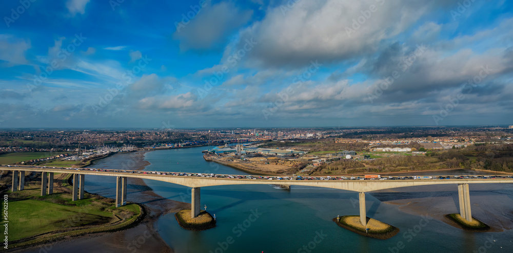 A high angle view of the Orwell Bridge near Ipswich, Suffolk, UK