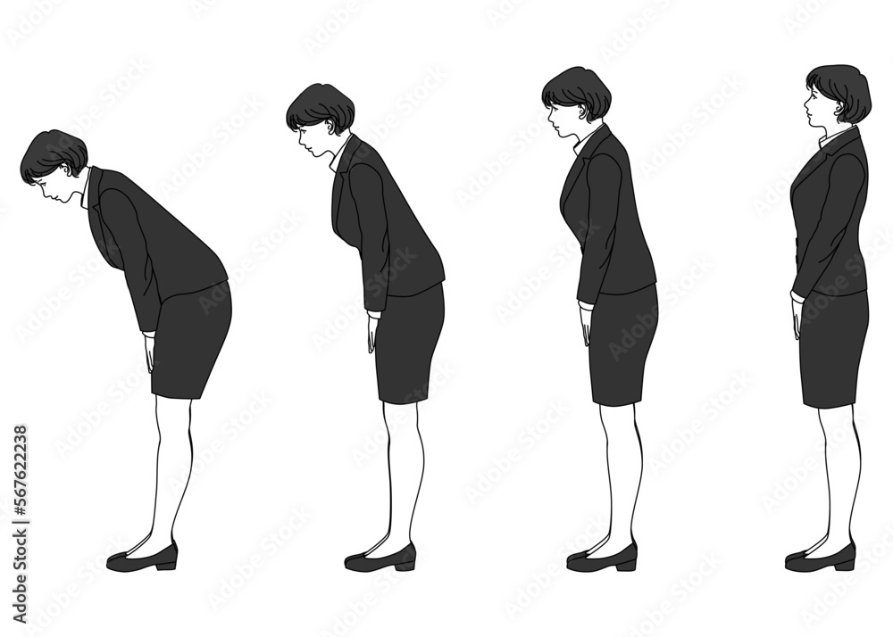 お辞儀する女性社員のイラスト 角度違い4段階の全身横向き