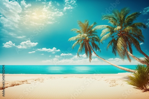 Summer background, nature of tropical beach with rays of sun light. Golden sand beach, palm tree, sea water against blue sky with white clouds. Copy space, summer vacation concept 