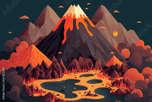 Volcanic eruption flat vector illustration. Landscape with volcano.