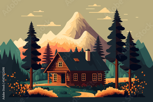 wood cabin. Wooden house in the forest. Vector illustration