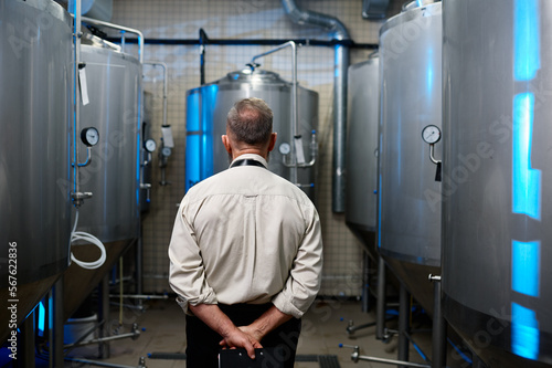 Brewer man in apron standing among distillery vats