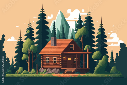 wood cabin. Wooden house in the forest. Vector illustration photo