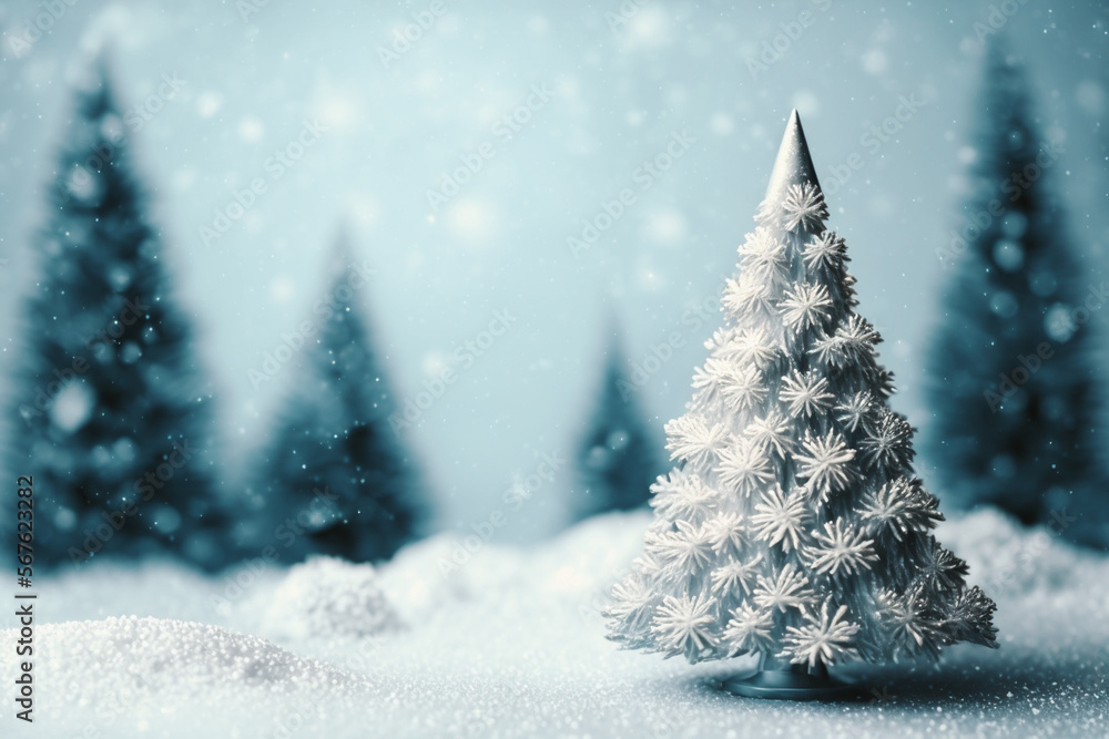 Winter christmas scenic composition, template. Silvery small Christmas tree on a on a sparkling background of a falling snow in light silver blue tones with copy space