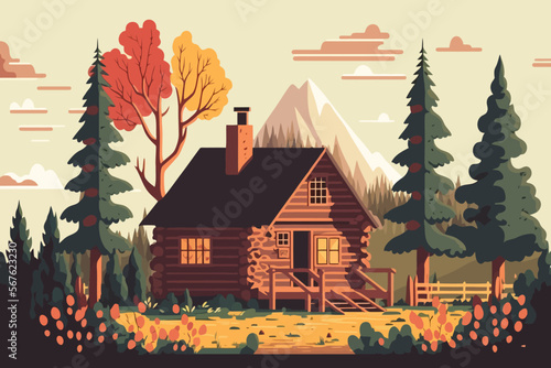 wood cabin. Wooden house in the forest. Vector illustration