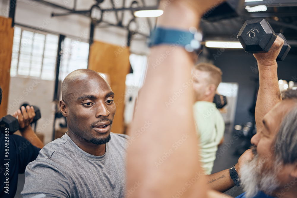 Gym, old man and help from personal trainer with dumbbell weightlifting, muscle building and fitness in retirement. Health, exercise and workout at senior training club, sports coach helping grandpa