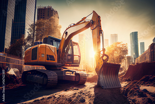 Excavator bucket heavy digging soil in order to create building foundations with sunlight and city background created with Generative AI