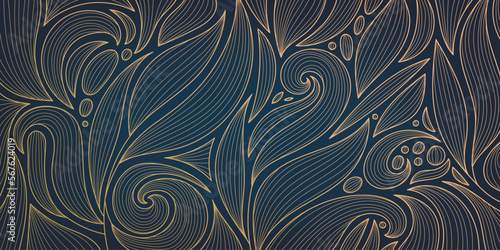 Vector golden leaves botanical modern, art deco wallpaper background pattern. Line design for interior design, textile, texture, poster, package, wrappers, gifts. Luxury. Japanese style.