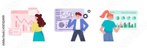 People analysis of graphs and charts. Research profitable strategies. Finance growth concept. Characters analyzing investments and money growth rate. Vector illustration