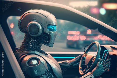 Humanoid robot as a driver driving a car. A futuristic concept of the near future when more and more activities will be performed by robots instead of people, AI generated photo