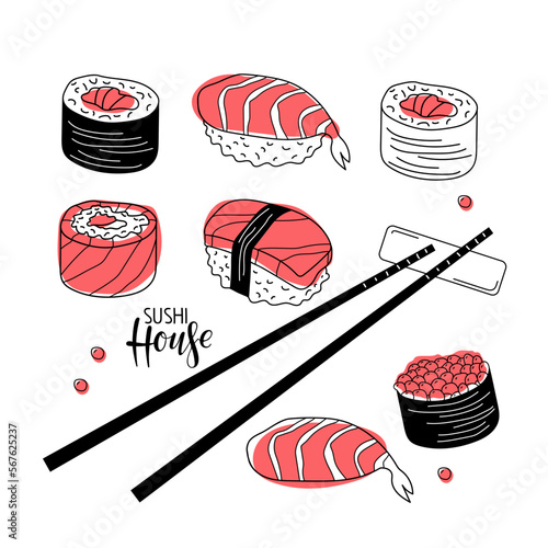 Sushi House. Sushi set, chopsticks, calligraphy lettering logo isolated on white background. Vector linear sketch with pink spots illustration For menu, recipe, cafe, restaurant. Sushi collection
