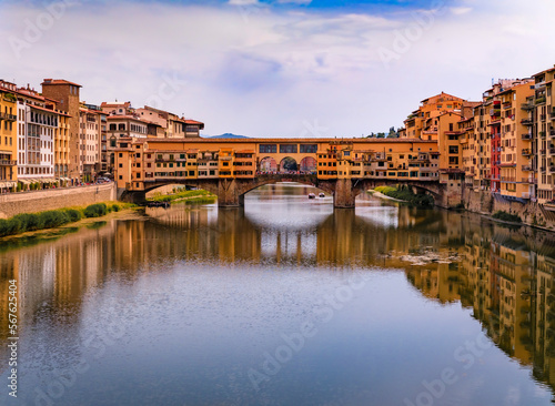Cityscape with the famous Ponte Vecchio bridge in Centro Storico, Florence Italy