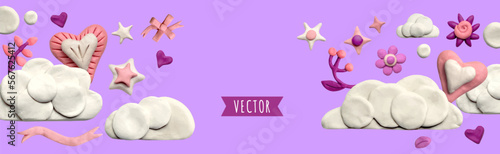 banner with clouds, stars and plasticine hearts on a lilac background. Promotion and shopping template or background for love concept. 3D illustration, cute dough shape.