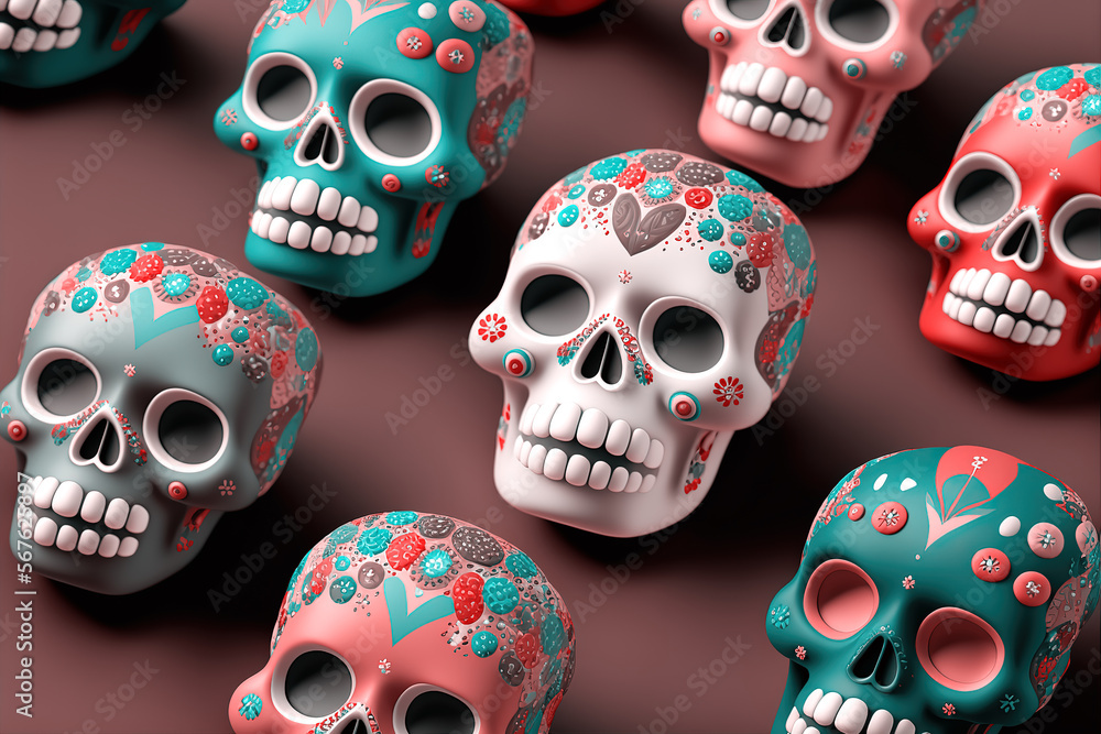 3d repeating skull background, day of the dead or halloween pattern. Generative ai