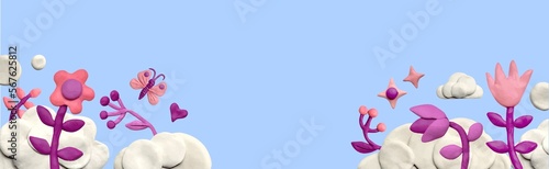 Poster or banner with clouds, stars and plasticine flowers on a blue background. Promotion and shopping template or background for love concept. 3D illustration, cute dough shape.