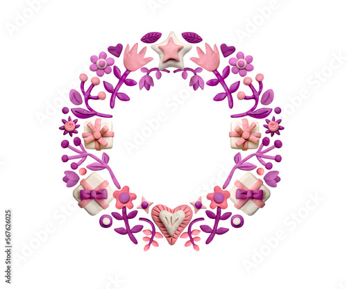 Festive background, round frame, wreath. Greeting card, banner, web poster. Festive realistic 3d objects - flowers, gifts, hearts. Made from plasticine.