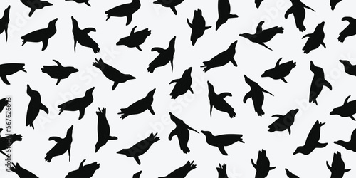 Black and white swimming penguin seamless pattern
