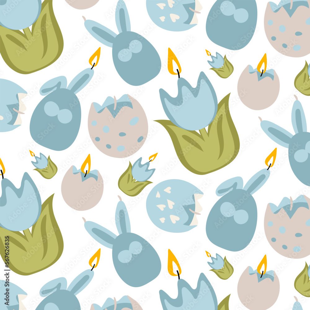 A pattern of Easter candles in the form of colored tulips, hares, eggshells in blue colors. Wax candles with a wick on a white background. Easter candles. Printing on paper and textiles Gift packaging A pattern of Easter candles in the form of colored tulips, hares, eggshells in blue colors. Wax candles with a wick on a white background. Easter candles. Printing on paper and textiles Gift packaging
