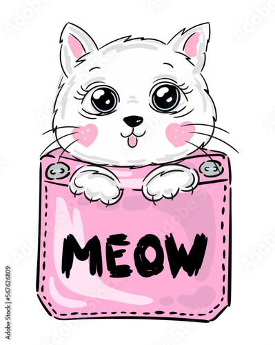 cute cat in pocket with meow text cartoon illustration