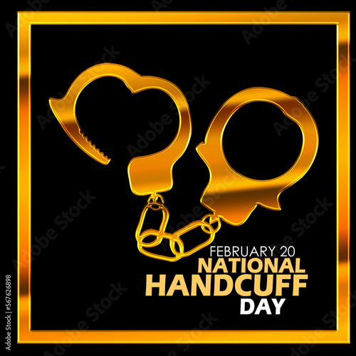 A golden handcuffs with bold text in a gold frame isolated on a black background to commemorate National Handcuff Day on February 20
