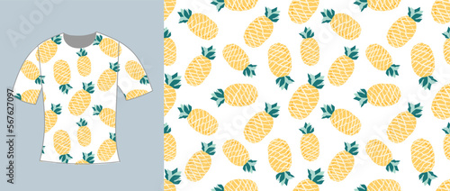 Seamless pattern t shirt design with pineapple and ananas
