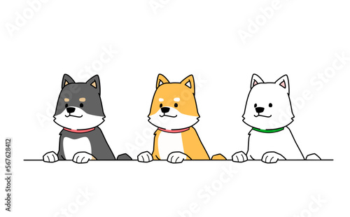 前足を乗せる３匹の柴犬のイラスト