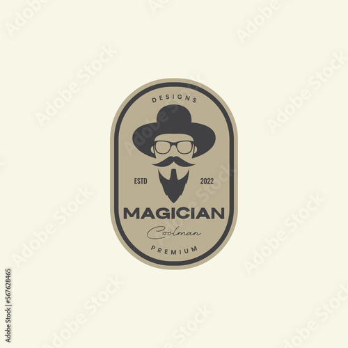 cool old man bearded mustache magician hat vintage badge logo design vector icon illustration