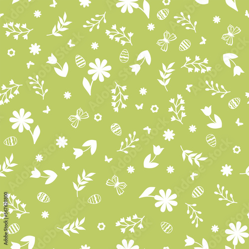 Cute seamless pattern with spring flowers and easter eggs