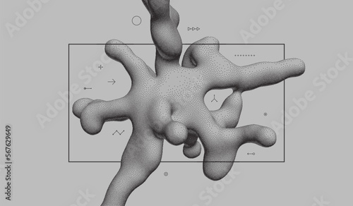 Abstract three-dimensional composition in dotwork style. Pointillism graphic. Dot stipple design. 3D vector illustration with dynamic effect. Template for banner, flyer, poster, cover or brochure.