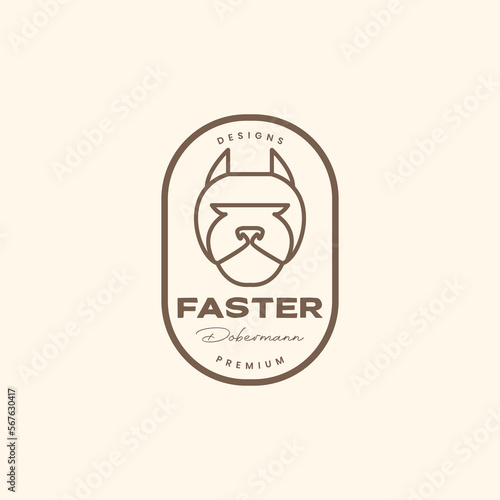 face animal pets dog dobermann line vintage badge logo design vector icon illustration