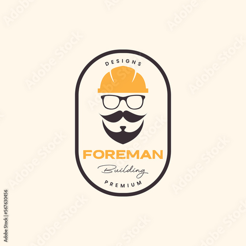 old guy face foreman building mustache bearded helmet badge vintage logo design vector icon illustration